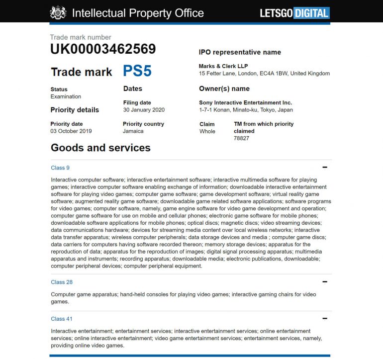PS5 trademark uk